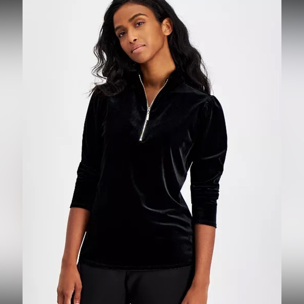 Anne Klein Petite XS Stretch Velour Quarter-Zip Top
